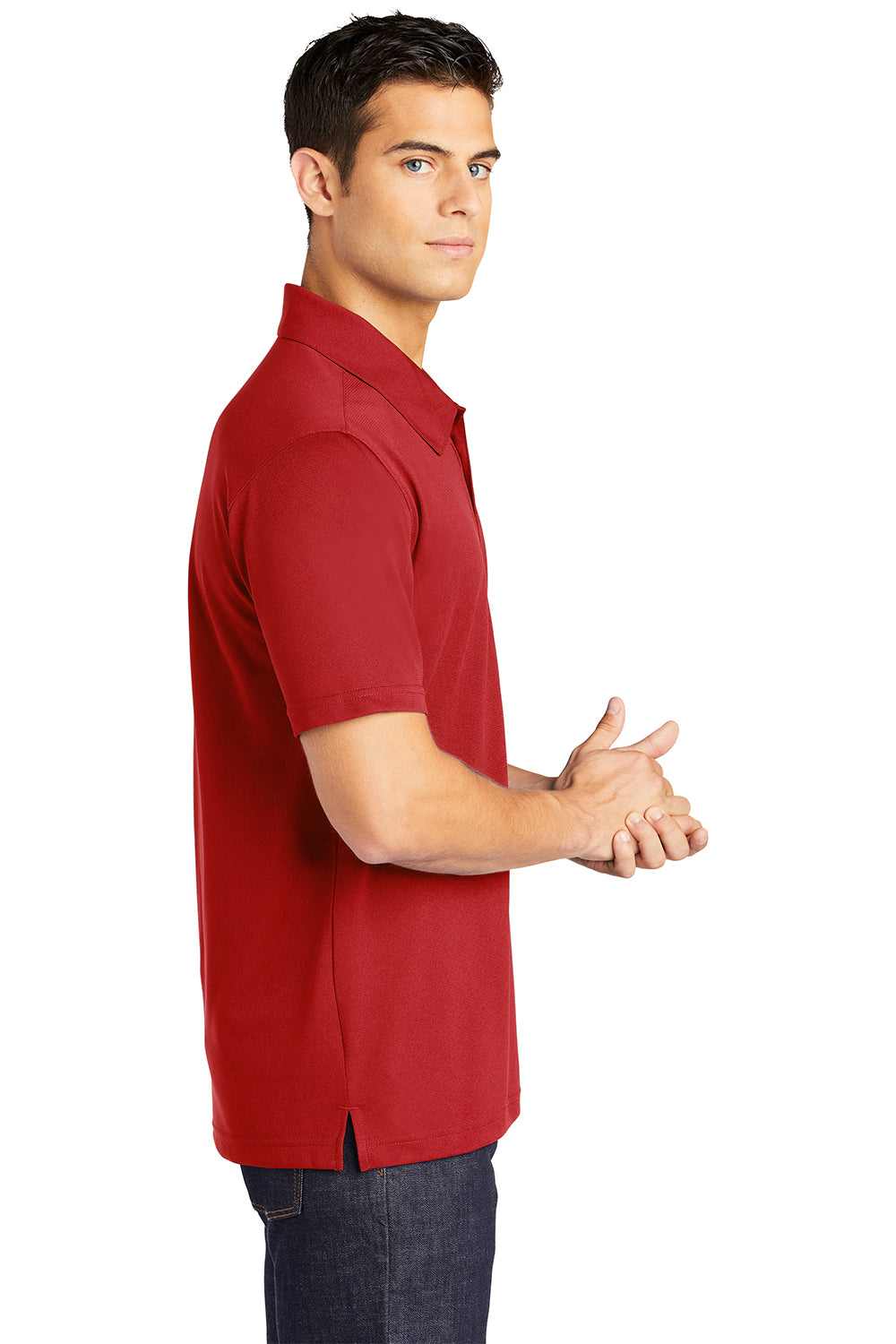 Sport-Tek ST690 Mens Active Mesh Moisture Wicking Short Sleeve Polo Shirt True Red Model Side