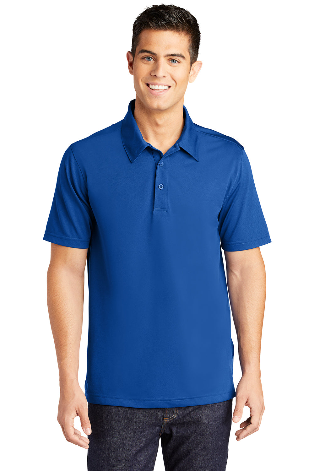 Sport-Tek ST690 Mens Active Mesh Moisture Wicking Short Sleeve Polo Shirt True Royal Blue Model Front