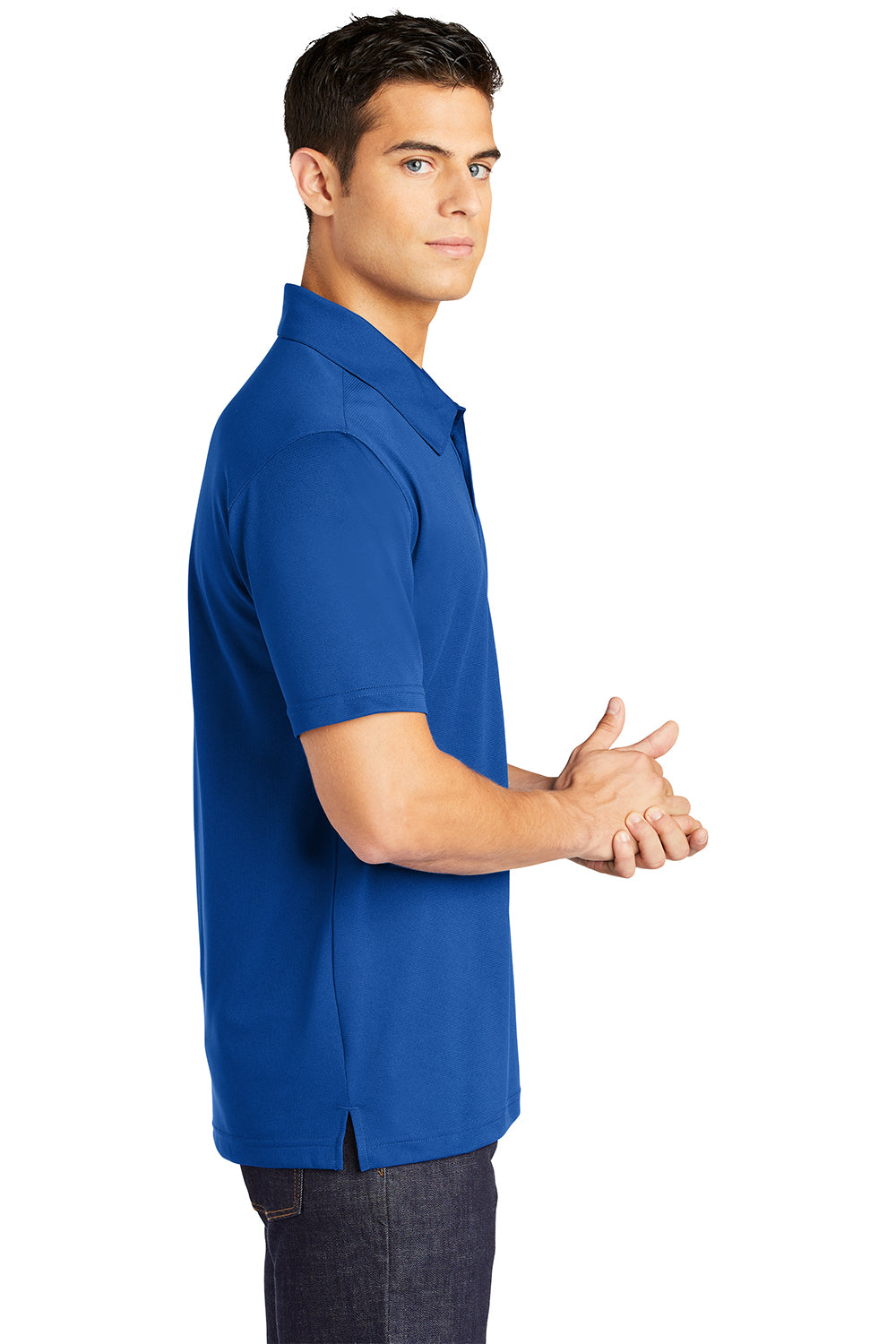 Sport-Tek ST690 Mens Active Mesh Moisture Wicking Short Sleeve Polo Shirt True Royal Blue Model Side