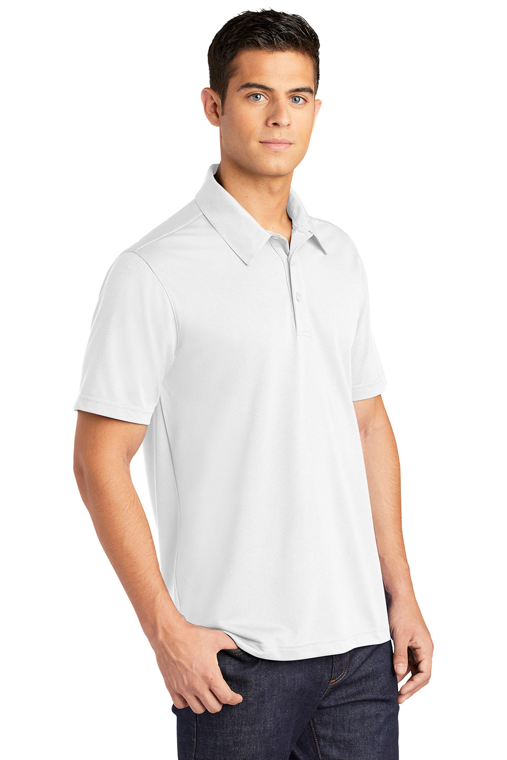 Sport-Tek ST690 Mens Active Mesh Moisture Wicking Short Sleeve Polo Shirt White Model 3q