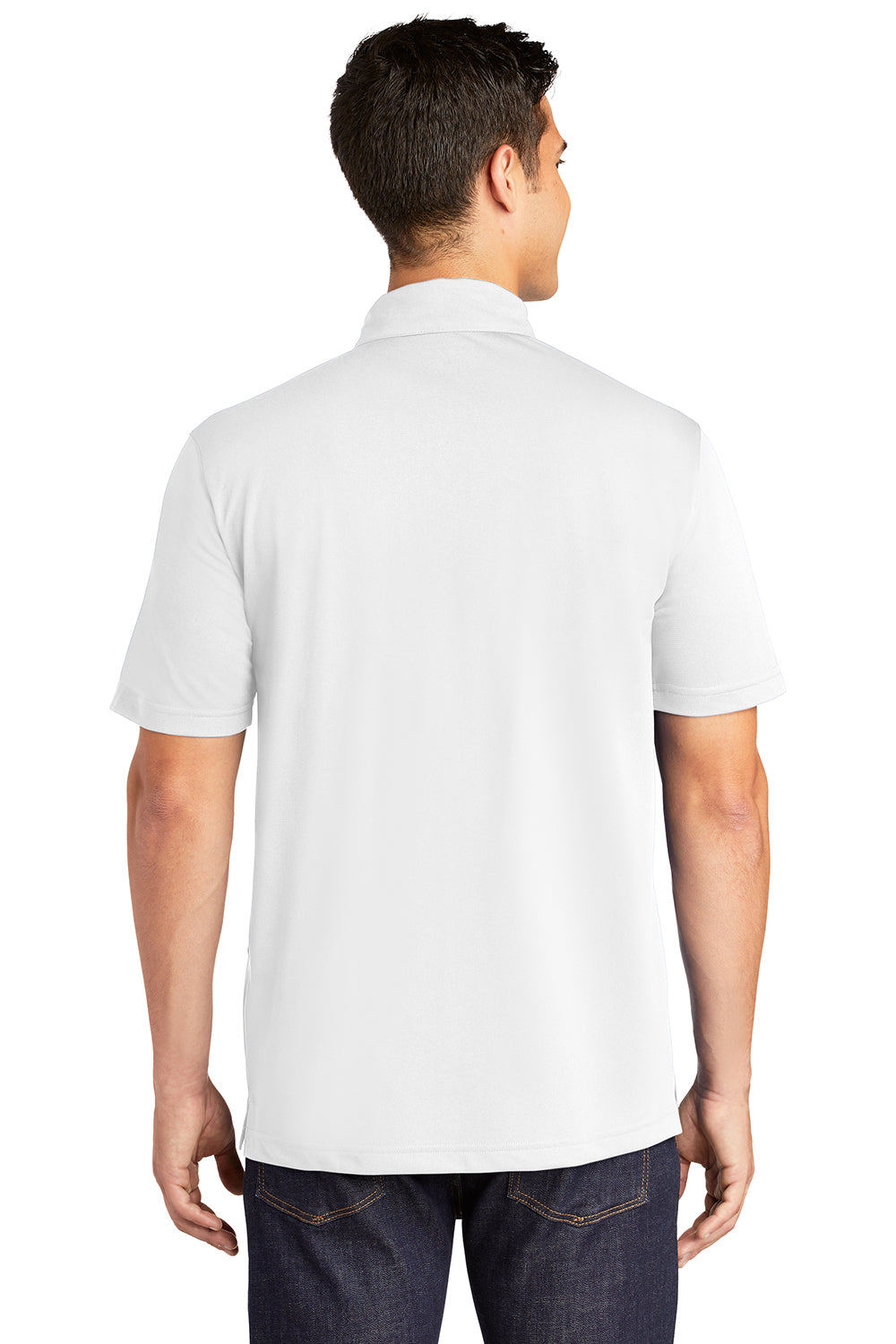 Sport-Tek ST690 Mens Active Mesh Moisture Wicking Short Sleeve Polo Shirt White Model Back