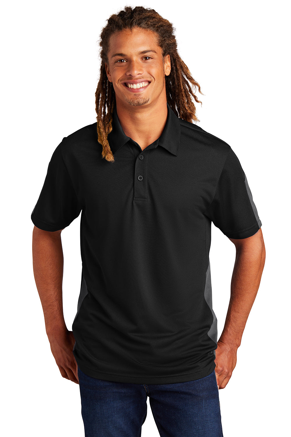 Sport-Tek ST695 Mens Active Mesh Moisture Wicking Short Sleeve Polo Shirt Black/Grey Model Front