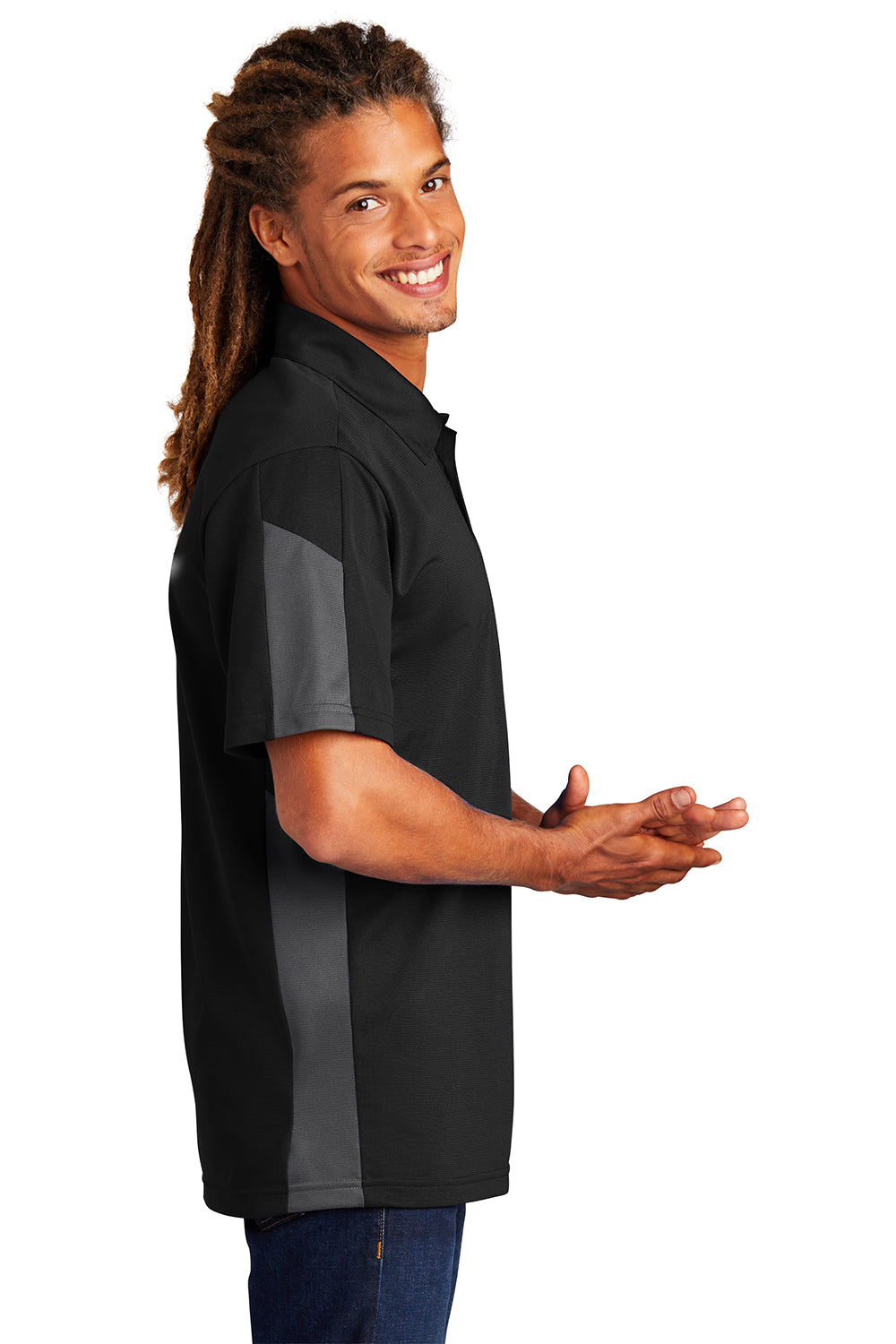 Sport-Tek ST695 Mens Active Mesh Moisture Wicking Short Sleeve Polo Shirt Black/Grey Model Side