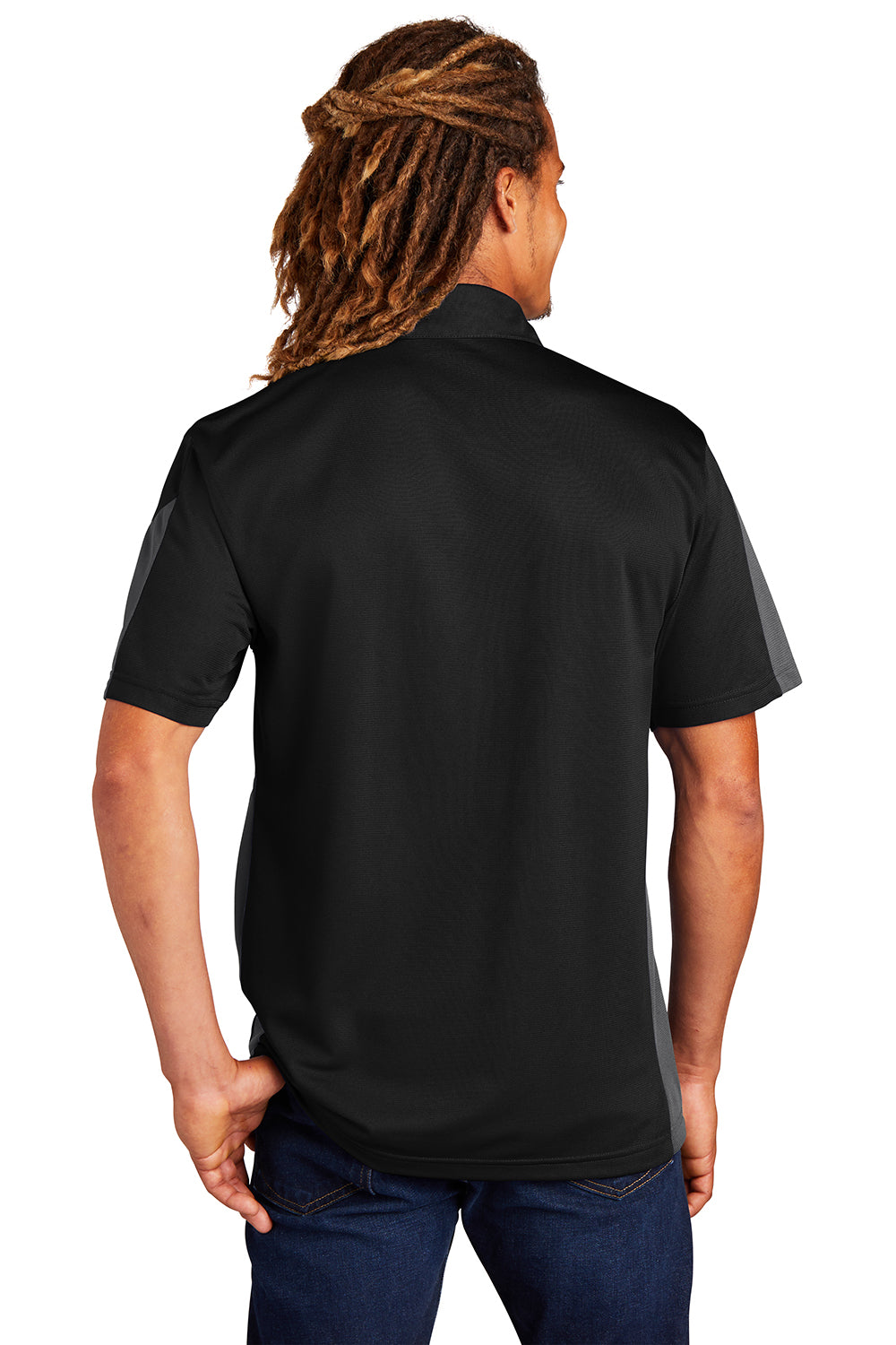 Sport-Tek ST695 Mens Active Mesh Moisture Wicking Short Sleeve Polo Shirt Black/Grey Model Back