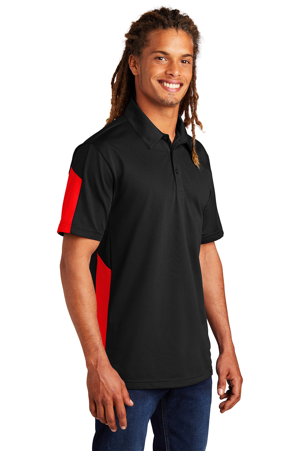 Sport-Tek ST695 Mens Active Mesh Moisture Wicking Short Sleeve Polo Shirt Black/True Red Model 3q