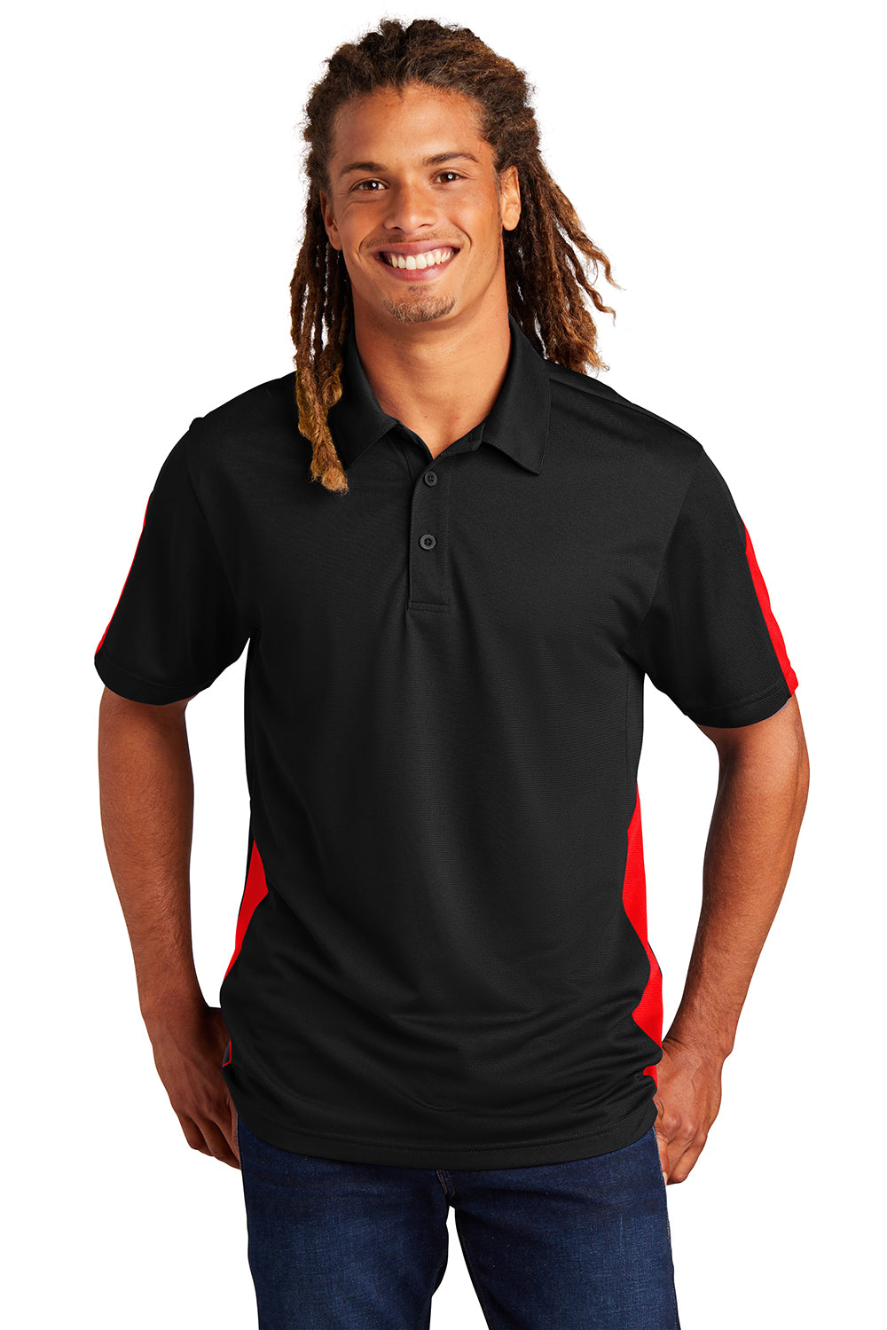 Sport-Tek ST695 Mens Active Mesh Moisture Wicking Short Sleeve Polo Shirt Black/True Red Model Front