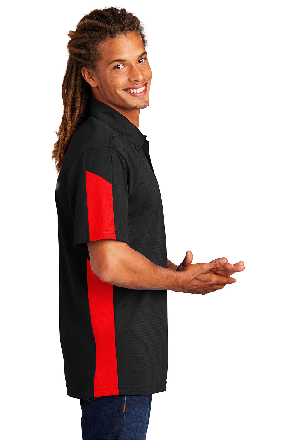 Sport-Tek ST695 Mens Active Mesh Moisture Wicking Short Sleeve Polo Shirt Black/True Red Model Side