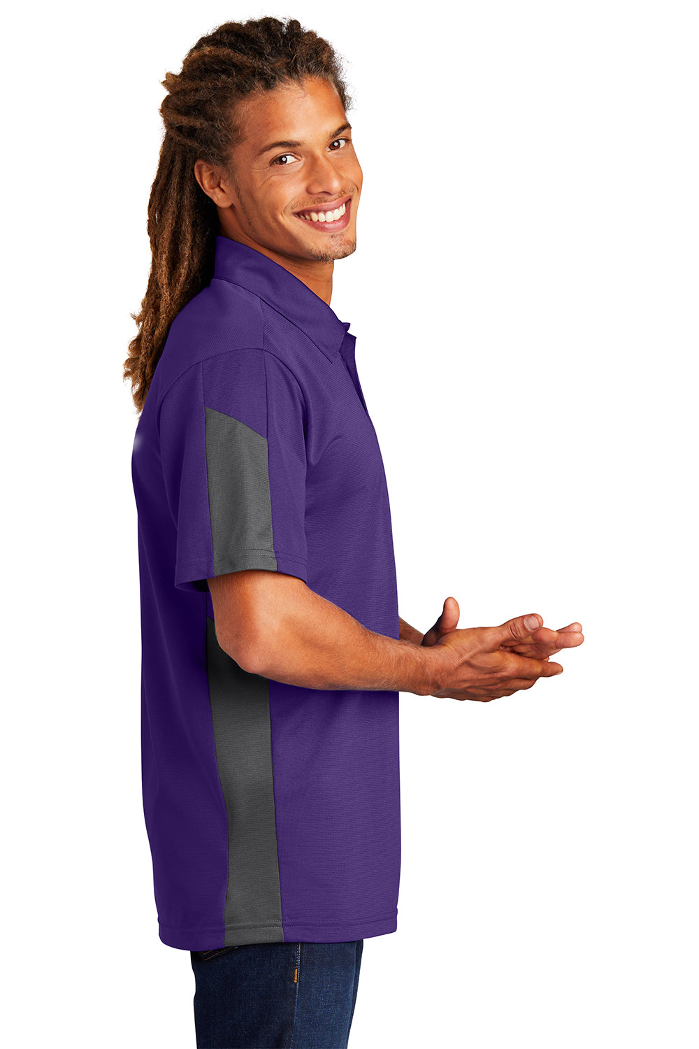 Sport-Tek ST695 Mens Active Mesh Moisture Wicking Short Sleeve Polo Shirt Purple/Grey Model Side