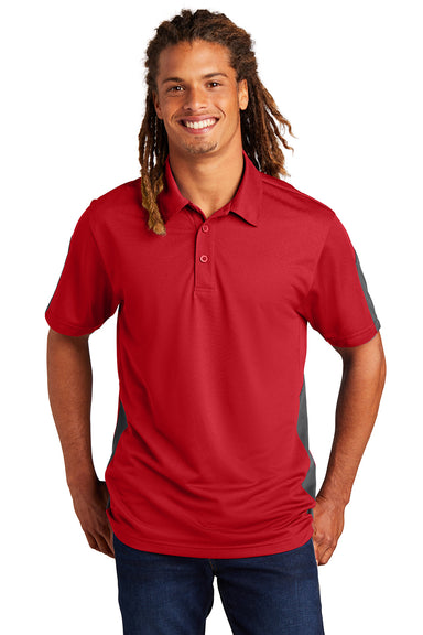 Sport-Tek ST695 Mens Active Mesh Moisture Wicking Short Sleeve Polo Shirt True Red/Grey Model Front