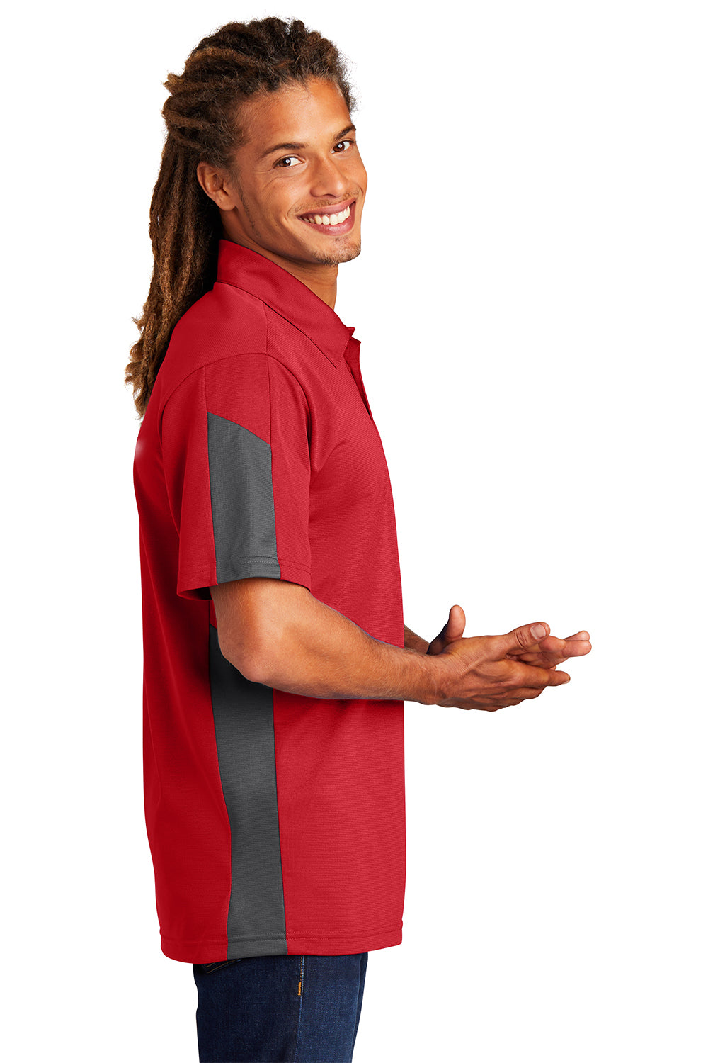 Sport-Tek ST695 Mens Active Mesh Moisture Wicking Short Sleeve Polo Shirt True Red/Grey Model Side