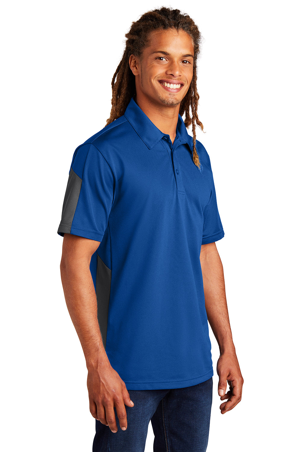 Sport-Tek ST695 Mens Active Mesh Moisture Wicking Short Sleeve Polo Shirt True Royal Blue/Grey Model 3q