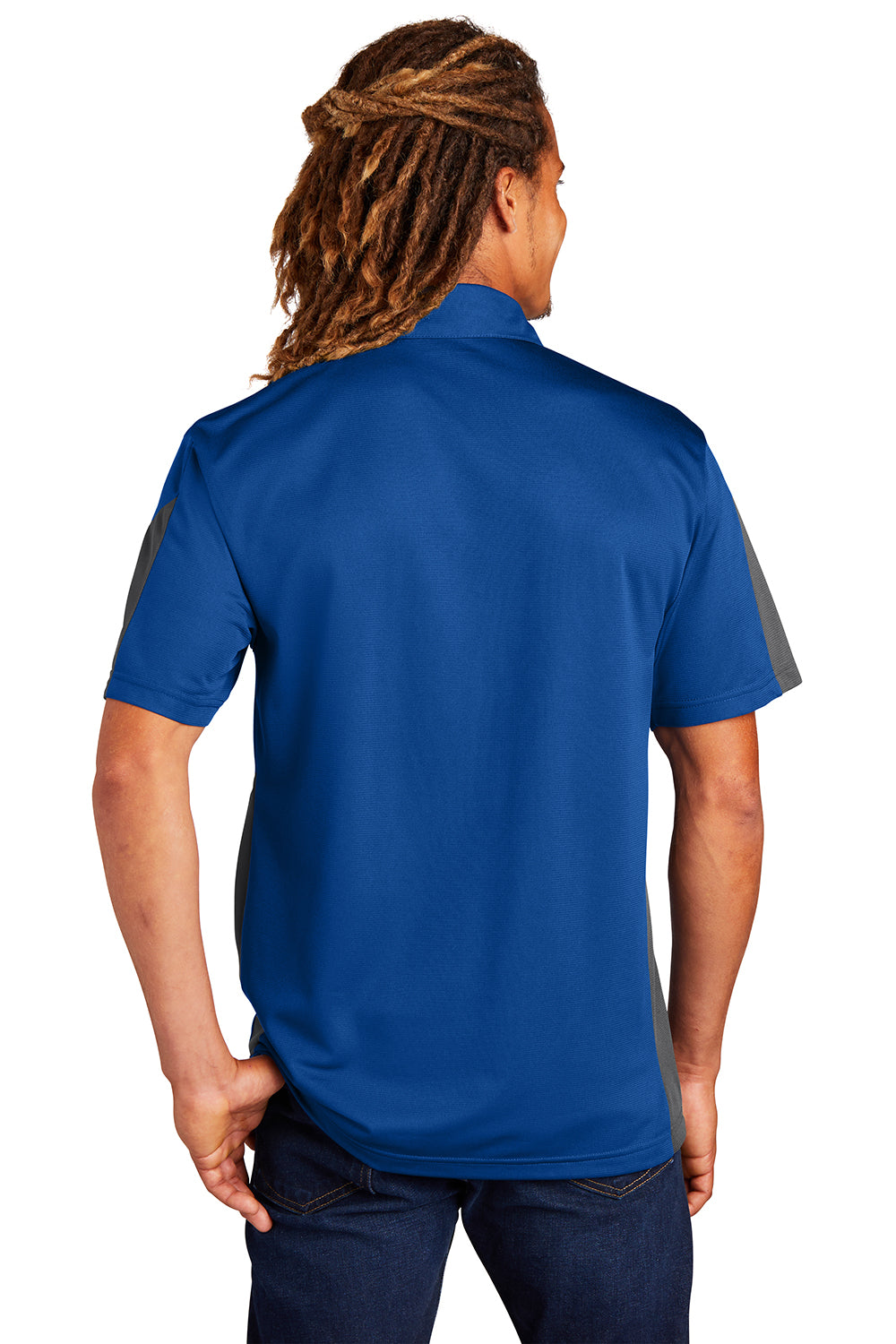 Sport-Tek ST695 Mens Active Mesh Moisture Wicking Short Sleeve Polo Shirt True Royal Blue/Grey Model Back