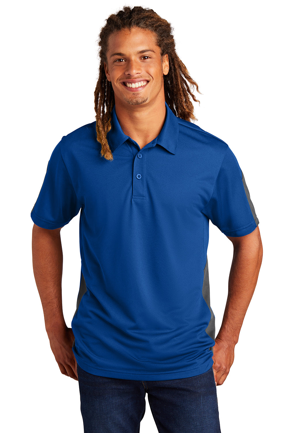 Sport-Tek ST695 Mens Active Mesh Moisture Wicking Short Sleeve Polo Shirt True Royal Blue/Grey Model Front