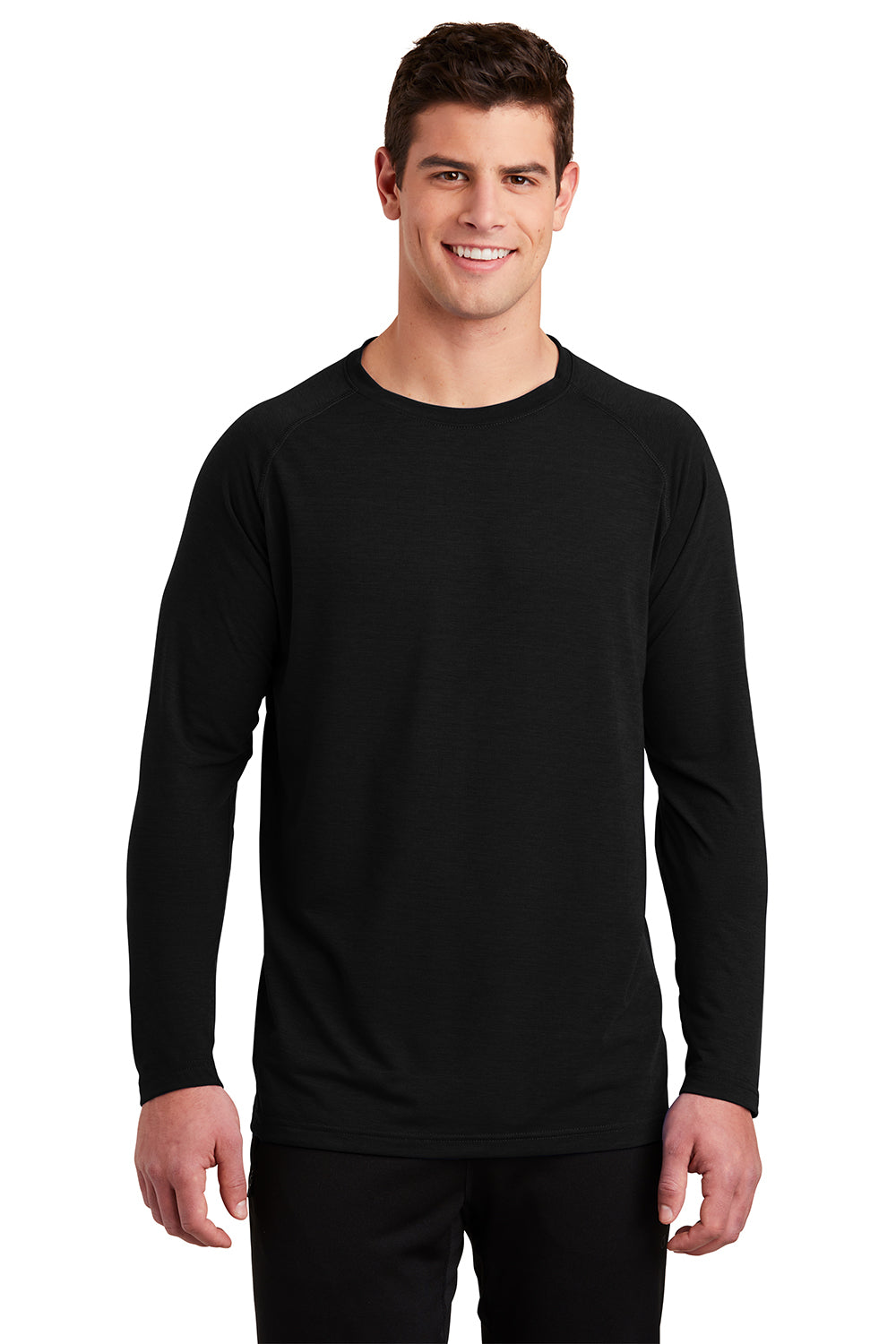 Sport-Tek ST700LS Mens Ultimate Performance Moisture Wicking Long Sleeve Crewneck T-Shirt Black Model Front