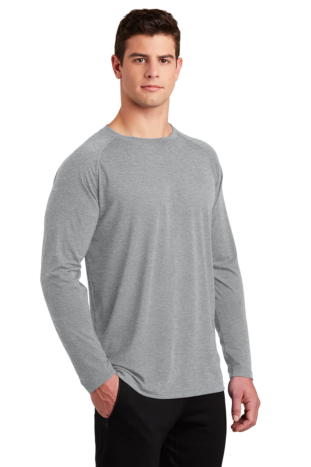 Sport-Tek ST700LS Mens Ultimate Performance Moisture Wicking Long Sleeve Crewneck T-Shirt Heather Grey Model 3q