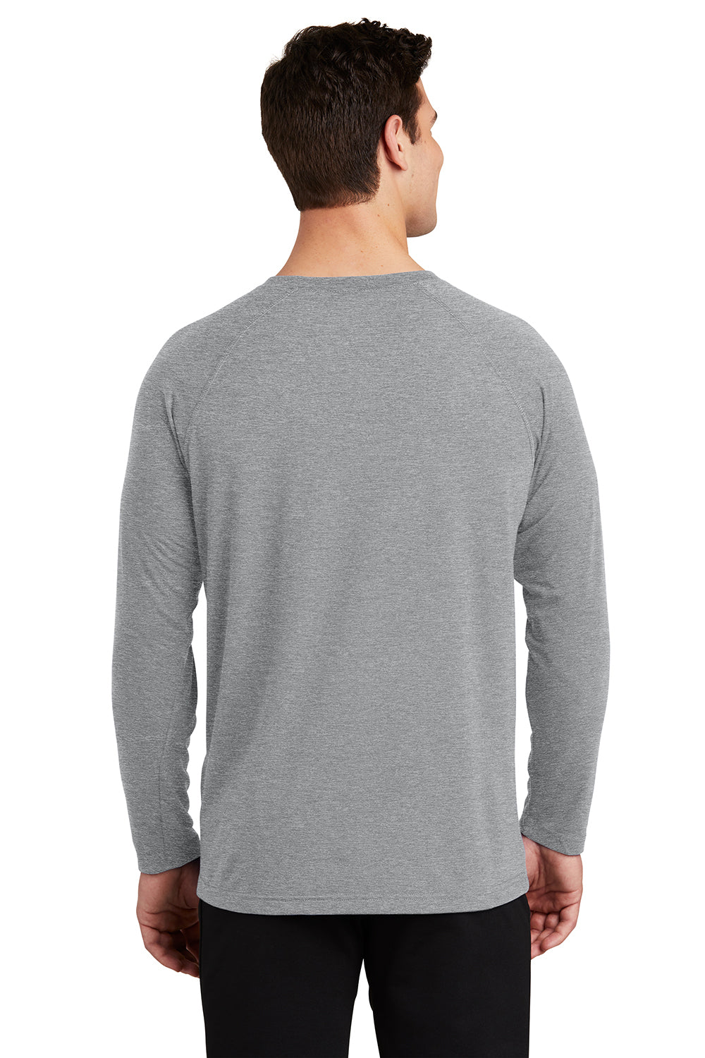 Sport-Tek ST700LS Mens Ultimate Performance Moisture Wicking Long Sleeve Crewneck T-Shirt Heather Grey Model Back