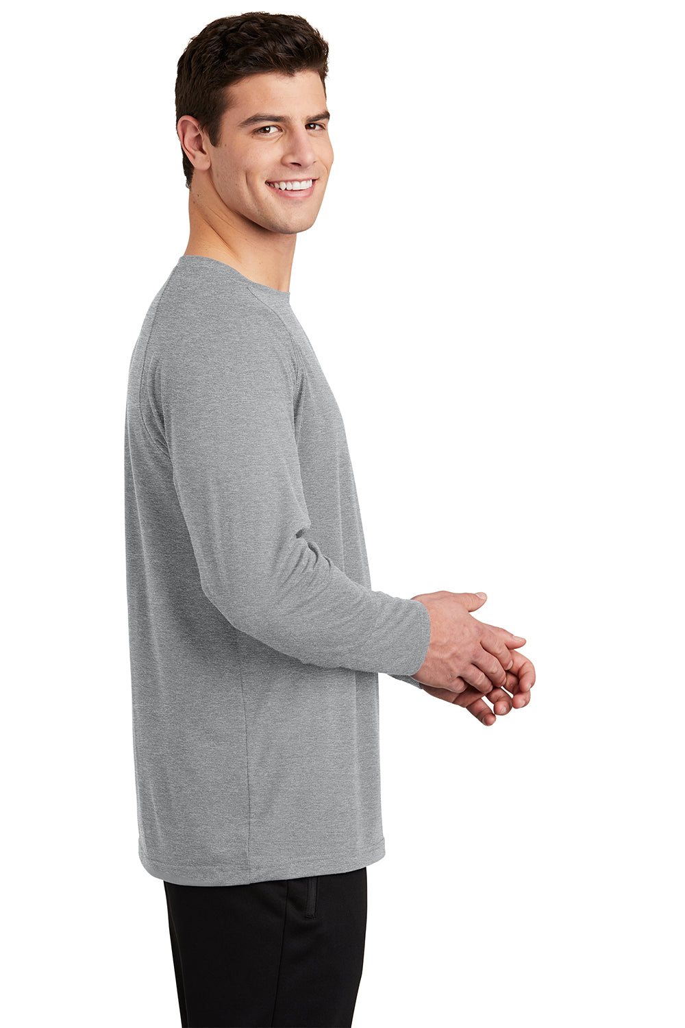 Sport-Tek ST700LS Mens Ultimate Performance Moisture Wicking Long Sleeve Crewneck T-Shirt Heather Grey Model Side