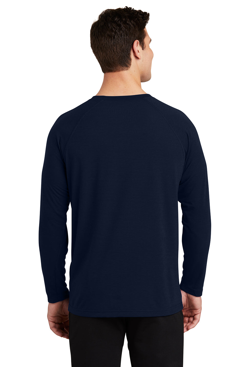 Sport-Tek ST700LS Mens Ultimate Performance Moisture Wicking Long Sleeve Crewneck T-Shirt True Navy Blue Model Back