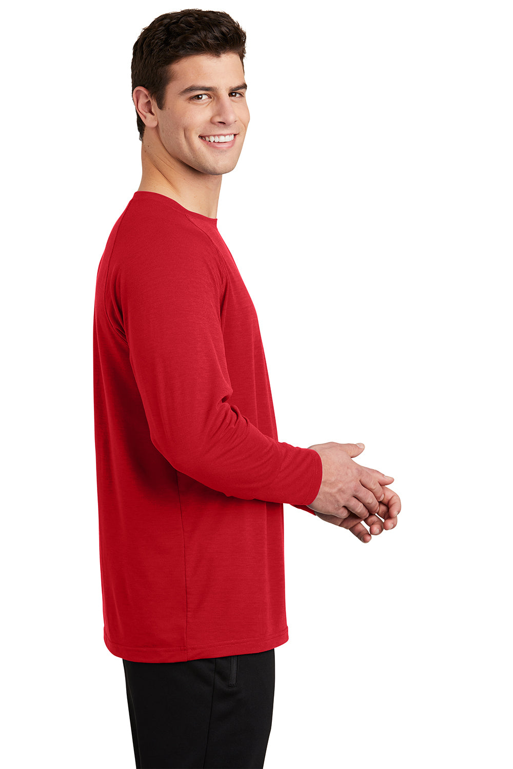 Sport-Tek ST700LS Mens Ultimate Performance Moisture Wicking Long Sleeve Crewneck T-Shirt True Red Model Side