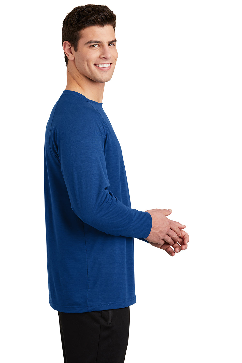 Sport-Tek ST700LS Mens Ultimate Performance Moisture Wicking Long Sleeve Crewneck T-Shirt True Royal Blue Model Side