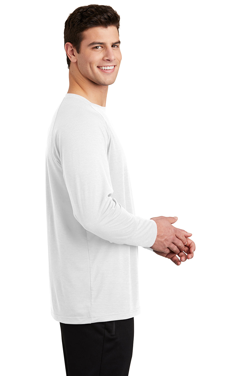 Sport-Tek ST700LS Mens Ultimate Performance Moisture Wicking Long Sleeve Crewneck T-Shirt White Model Side