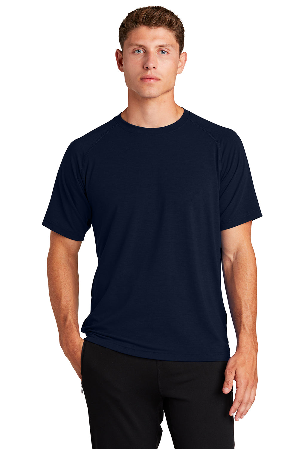 Sport-Tek ST700 Mens Ultimate Performance Moisture Wicking Short Sleeve Crewneck T-Shirt True Navy Blue Model Front