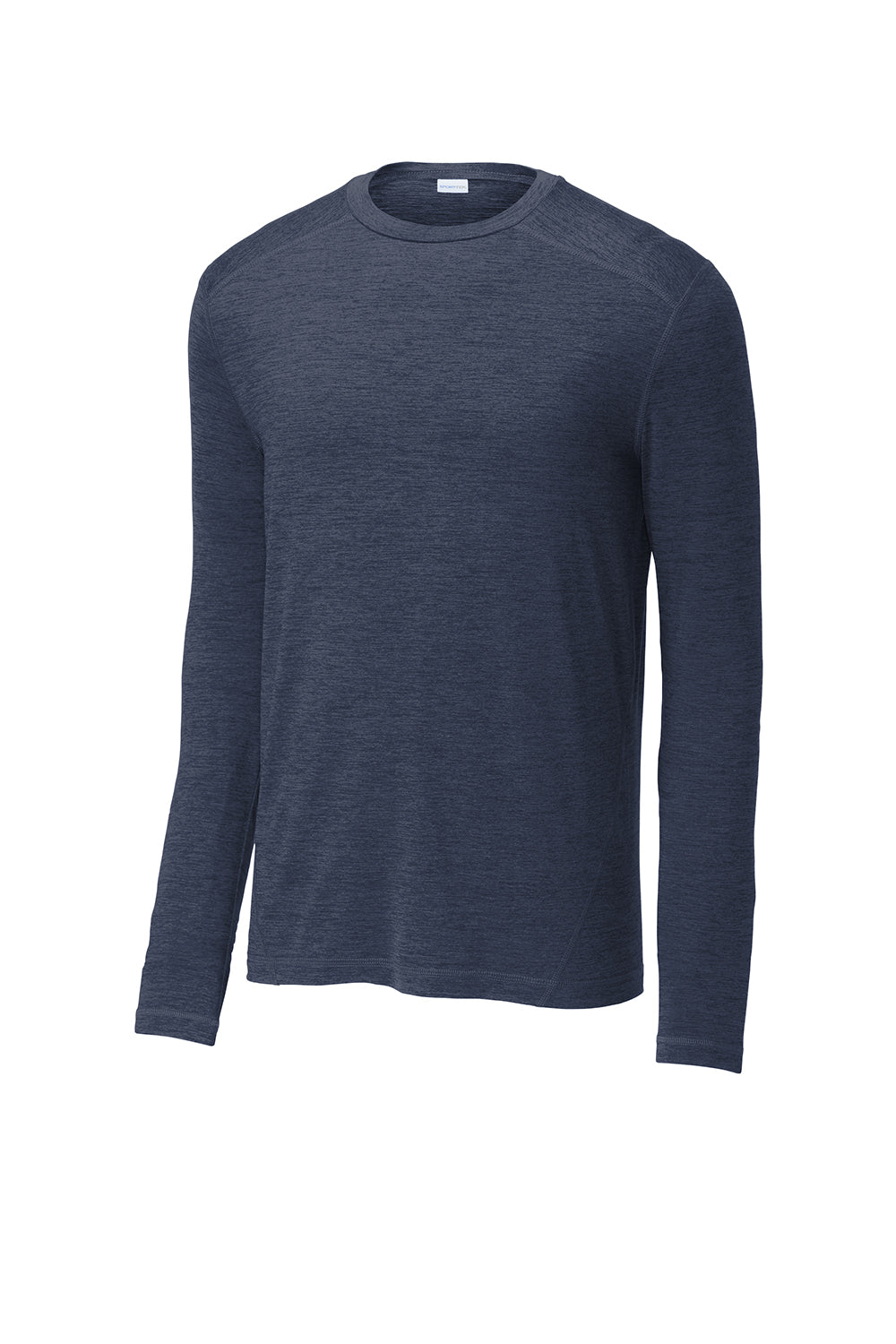 Sport-Tek ST710 Mens Exchange 1.5 Long Sleeve Crewneck T-Shirt Heather Dark Denim Blue Flat Front