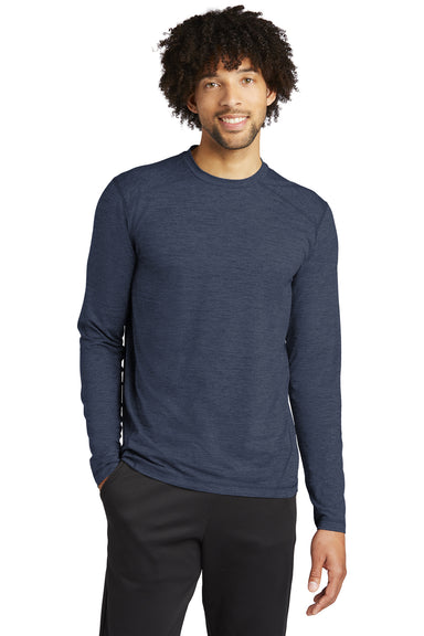 Sport-Tek ST710 Mens Exchange 1.5 Long Sleeve Crewneck T-Shirt Heather Dark Denim Blue Model Front