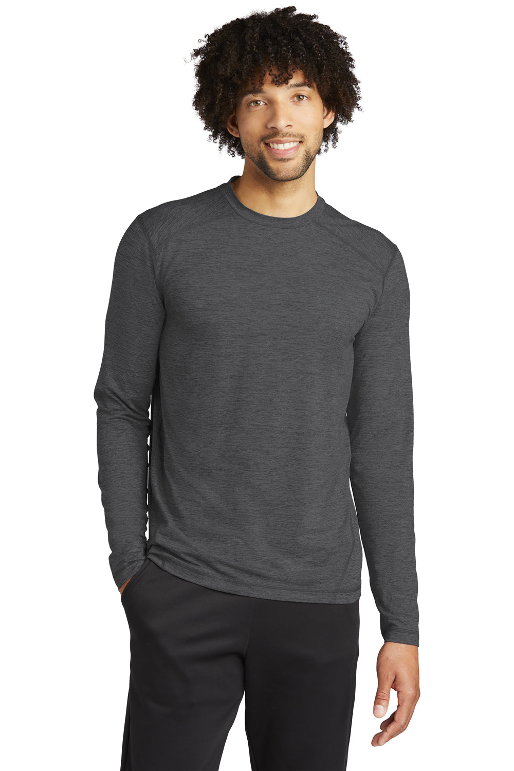 Sport-Tek ST710 Mens Exchange 1.5 Long Sleeve Crewneck T-Shirt Heather Graphite Grey Model Front