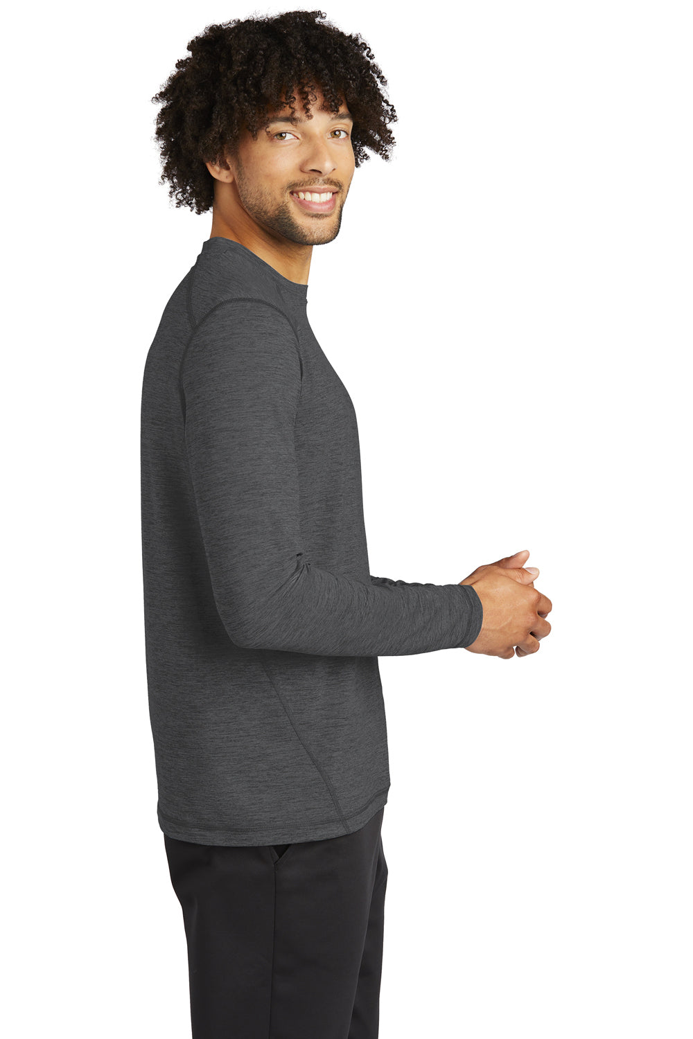 Sport-Tek ST710 Mens Exchange 1.5 Long Sleeve Crewneck T-Shirt Heather Graphite Grey Model Side