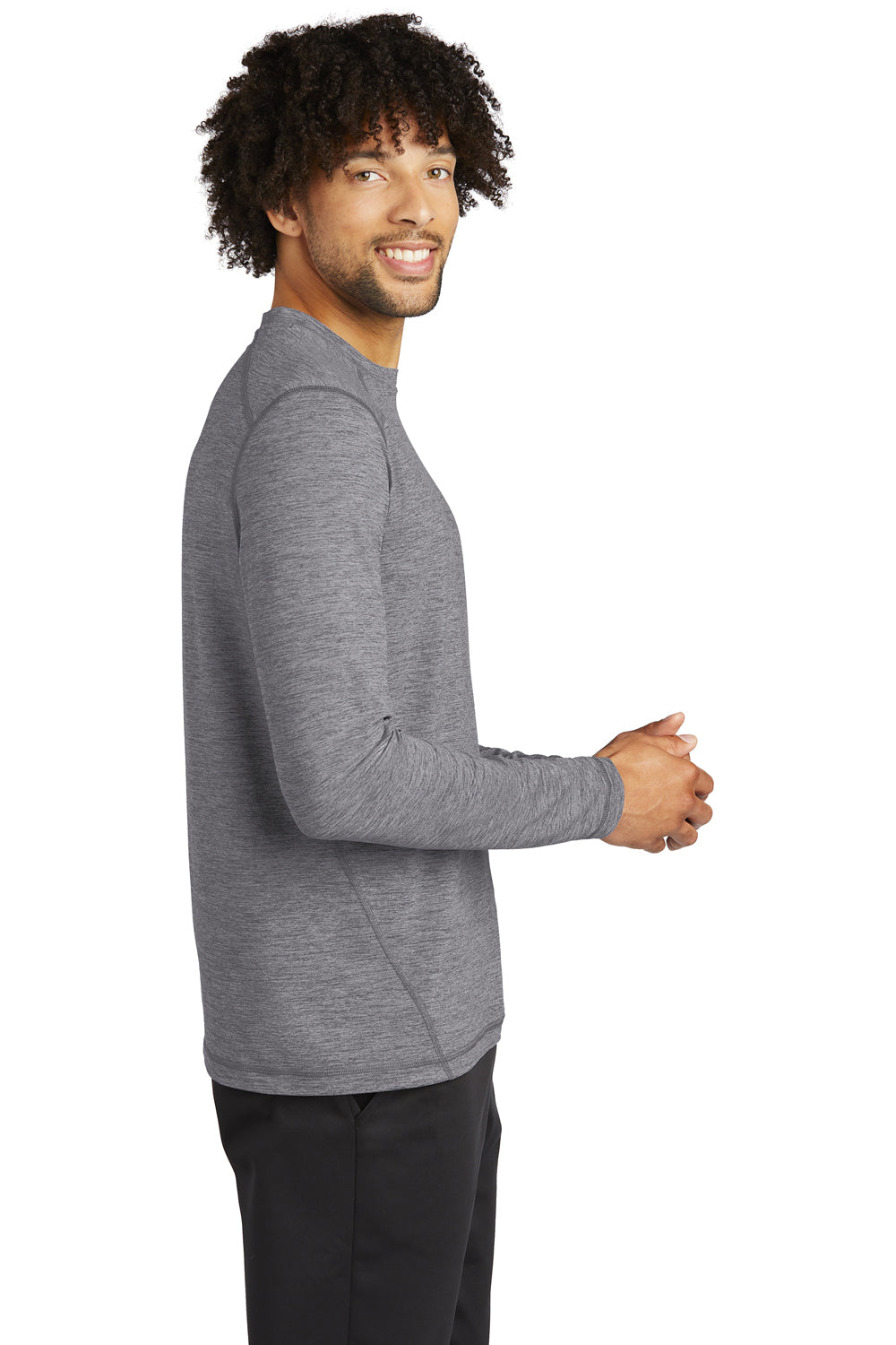 Sport-Tek ST710 Mens Exchange 1.5 Long Sleeve Crewneck T-Shirt Heather Grey Model Side