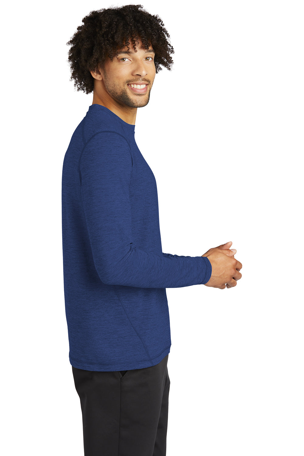 Sport-Tek ST710 Mens Exchange 1.5 Long Sleeve Crewneck T-Shirt Heather True Royal Blue Model Side