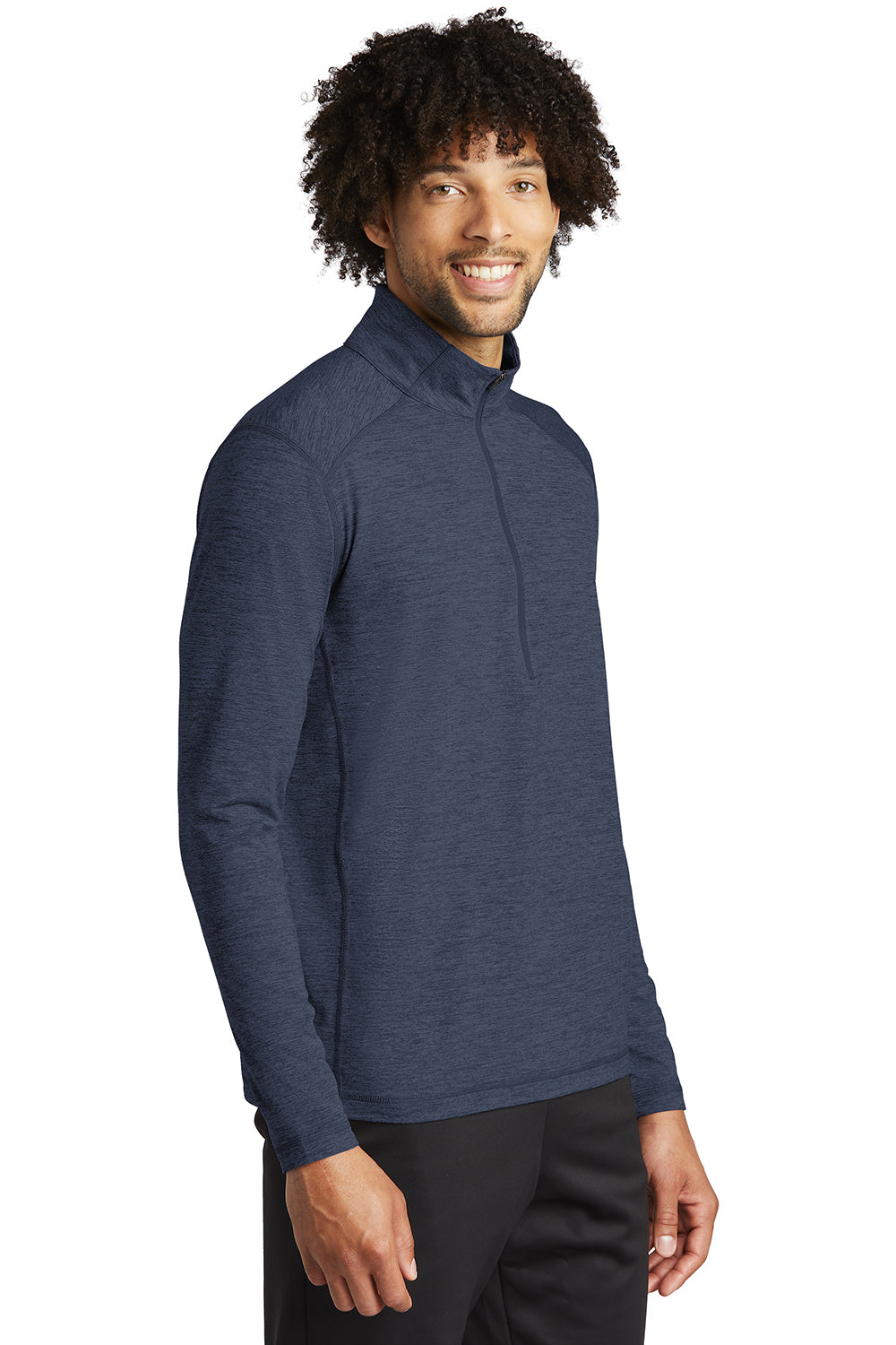 Sport-Tek ST711 Mens Exchange 1.5 Long Sleeve 1/4 Zip T-Shirt Heather Dark Denim Blue Model 3q