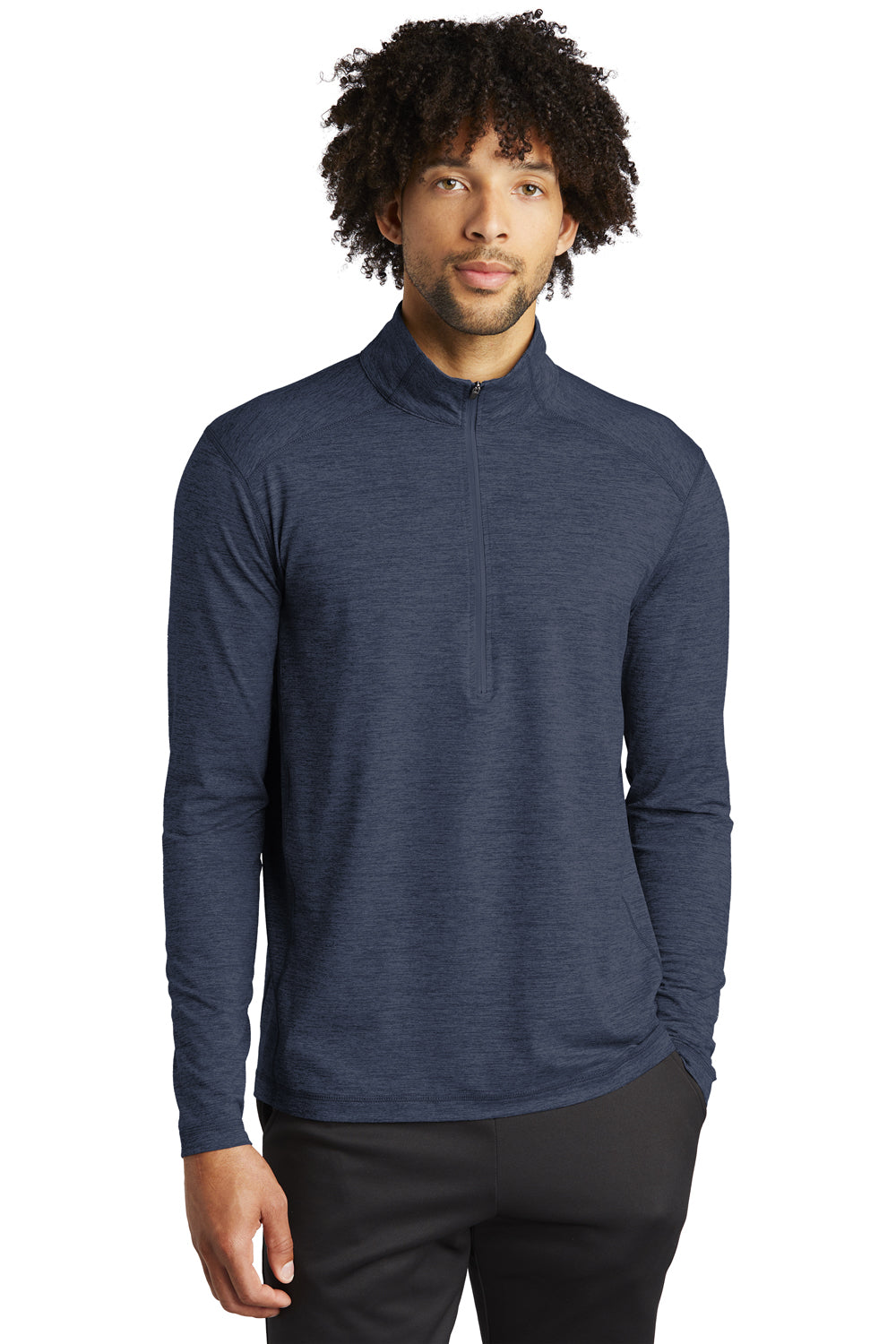 Sport-Tek ST711 Mens Exchange 1.5 Long Sleeve 1/4 Zip T-Shirt Heather Dark Denim Blue Model Front