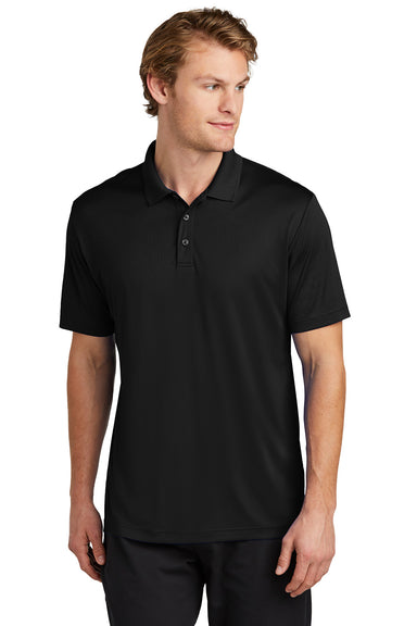 Sport-Tek ST725 Mens PosiCharge Re-Compete Short Sleeve Polo Shirt Black Model Front