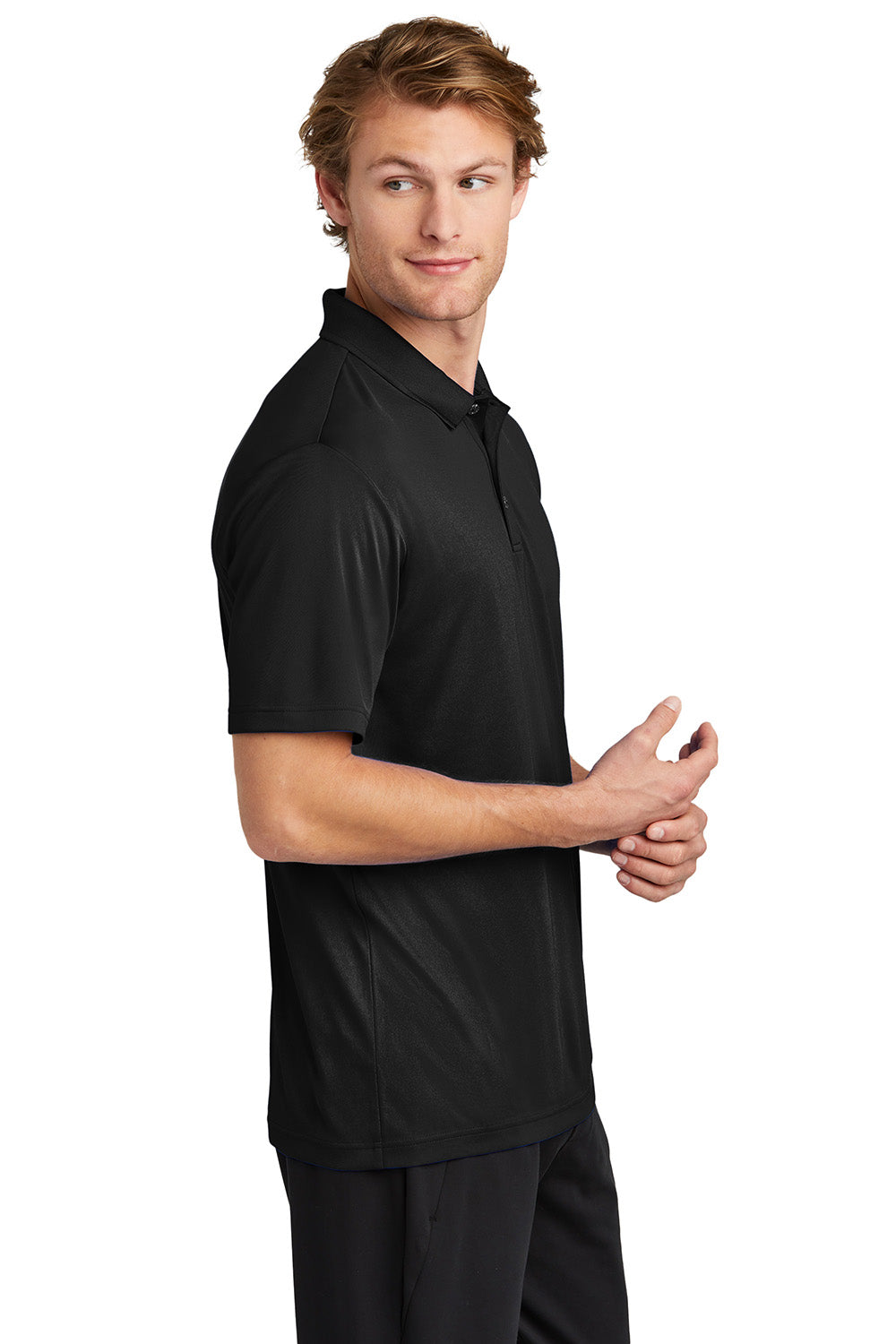 Sport-Tek ST725 Mens PosiCharge Re-Compete Short Sleeve Polo Shirt Black Model Side