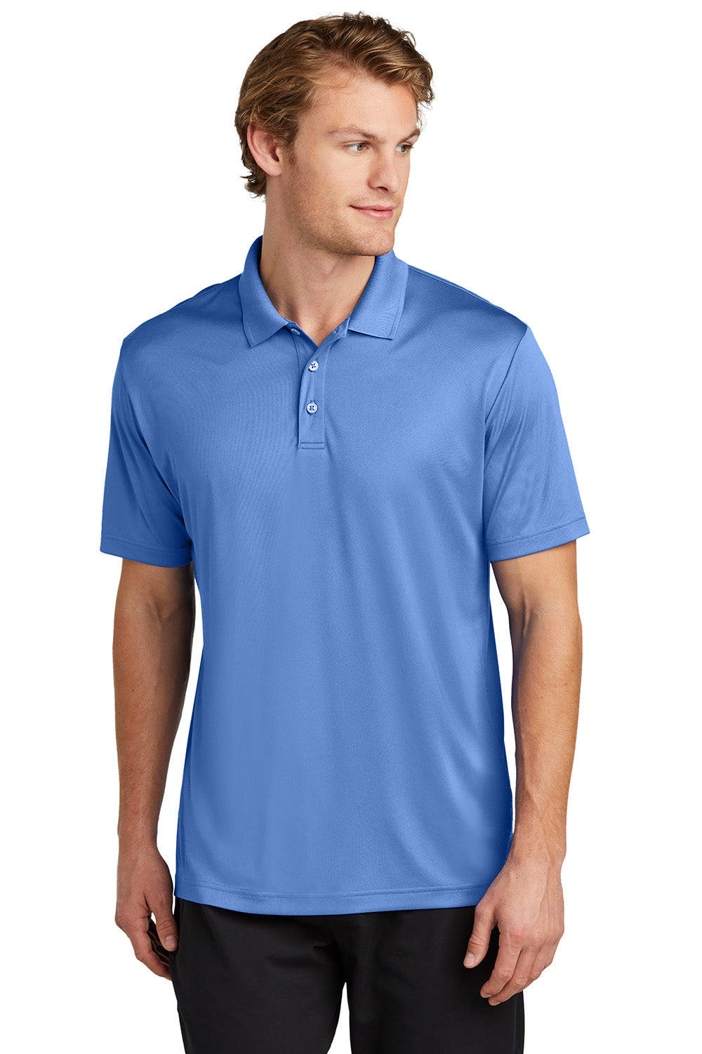 Sport-Tek ST725 Mens PosiCharge Re-Compete Short Sleeve Polo Shirt Carolina Blue Model Front