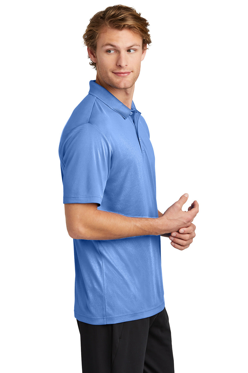 Sport-Tek ST725 Mens PosiCharge Re-Compete Short Sleeve Polo Shirt Carolina Blue Model Side