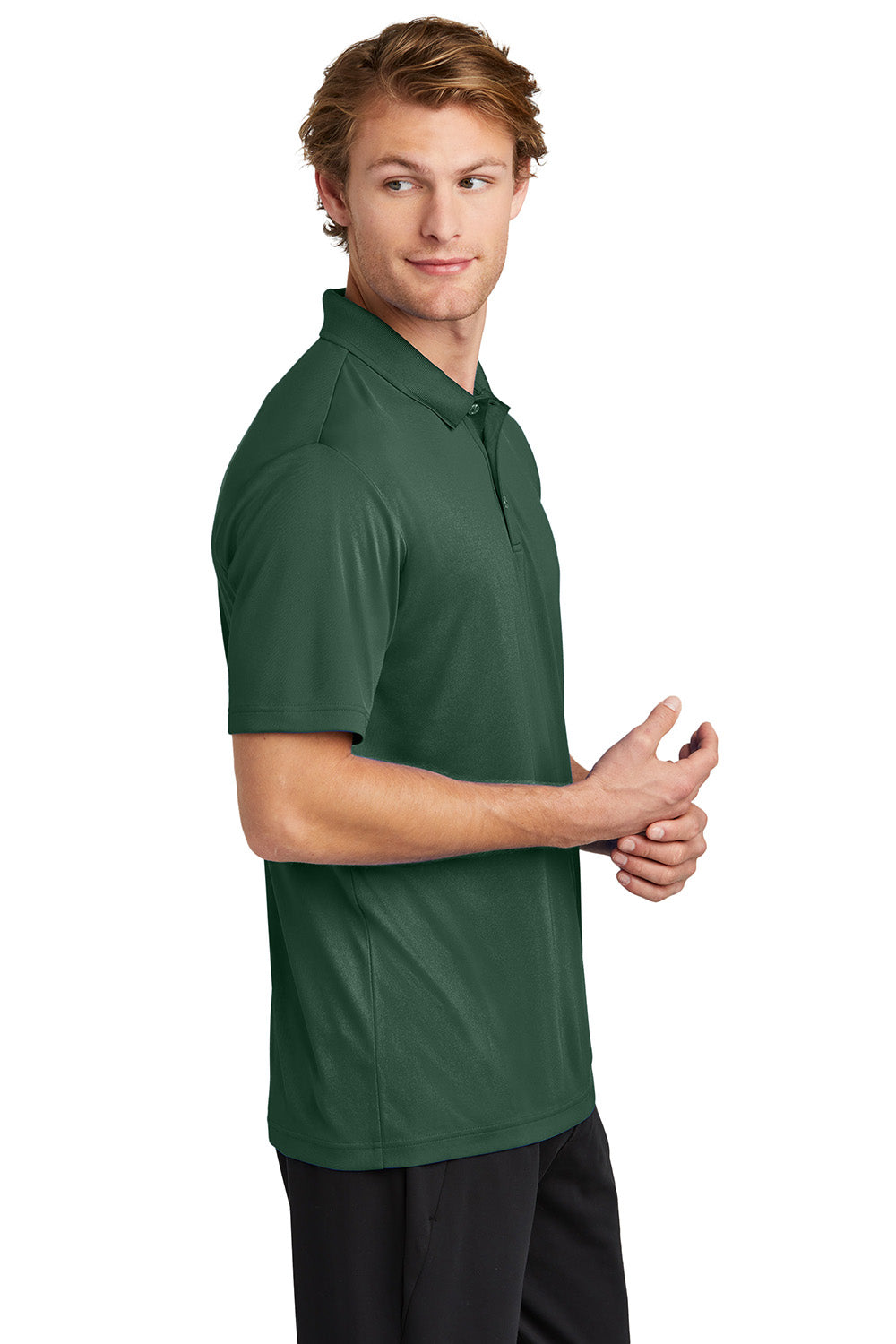 Sport-Tek ST725 Mens PosiCharge Re-Compete Short Sleeve Polo Shirt Forest Green Model Side