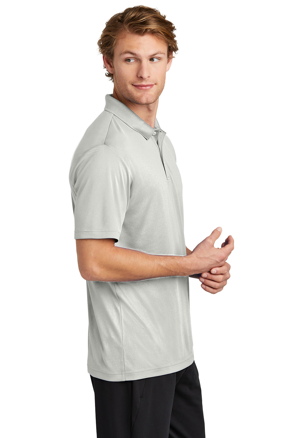 Sport-Tek ST725 Mens PosiCharge Re-Compete Short Sleeve Polo Shirt Silver Grey Model Side