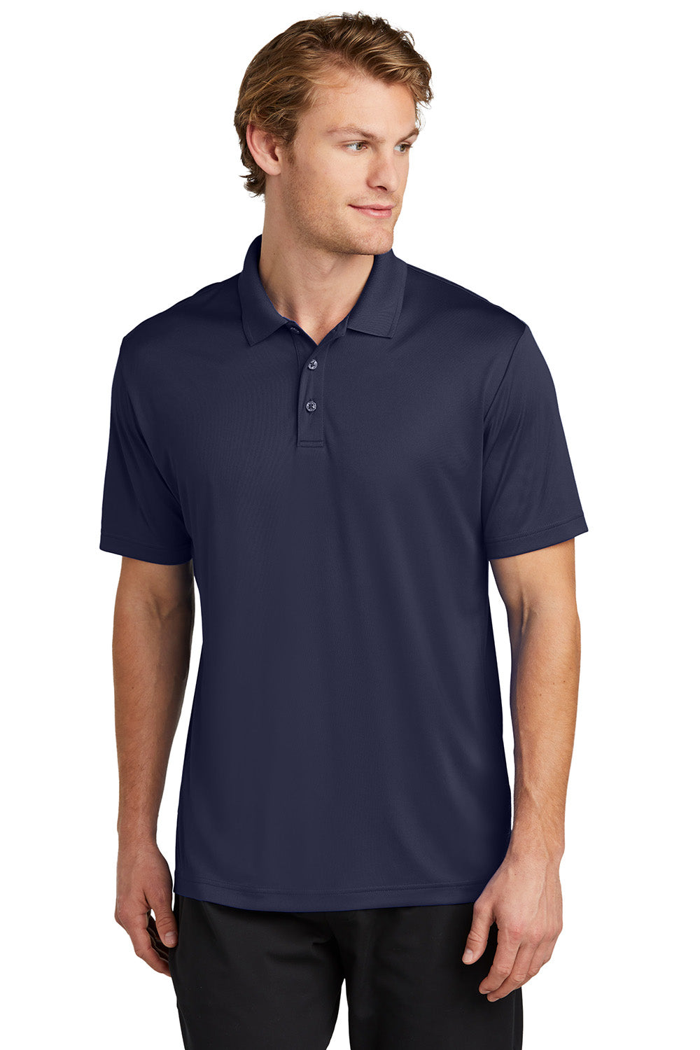 Sport-Tek ST725 Mens PosiCharge Re-Compete Short Sleeve Polo Shirt True Navy Blue Model Front