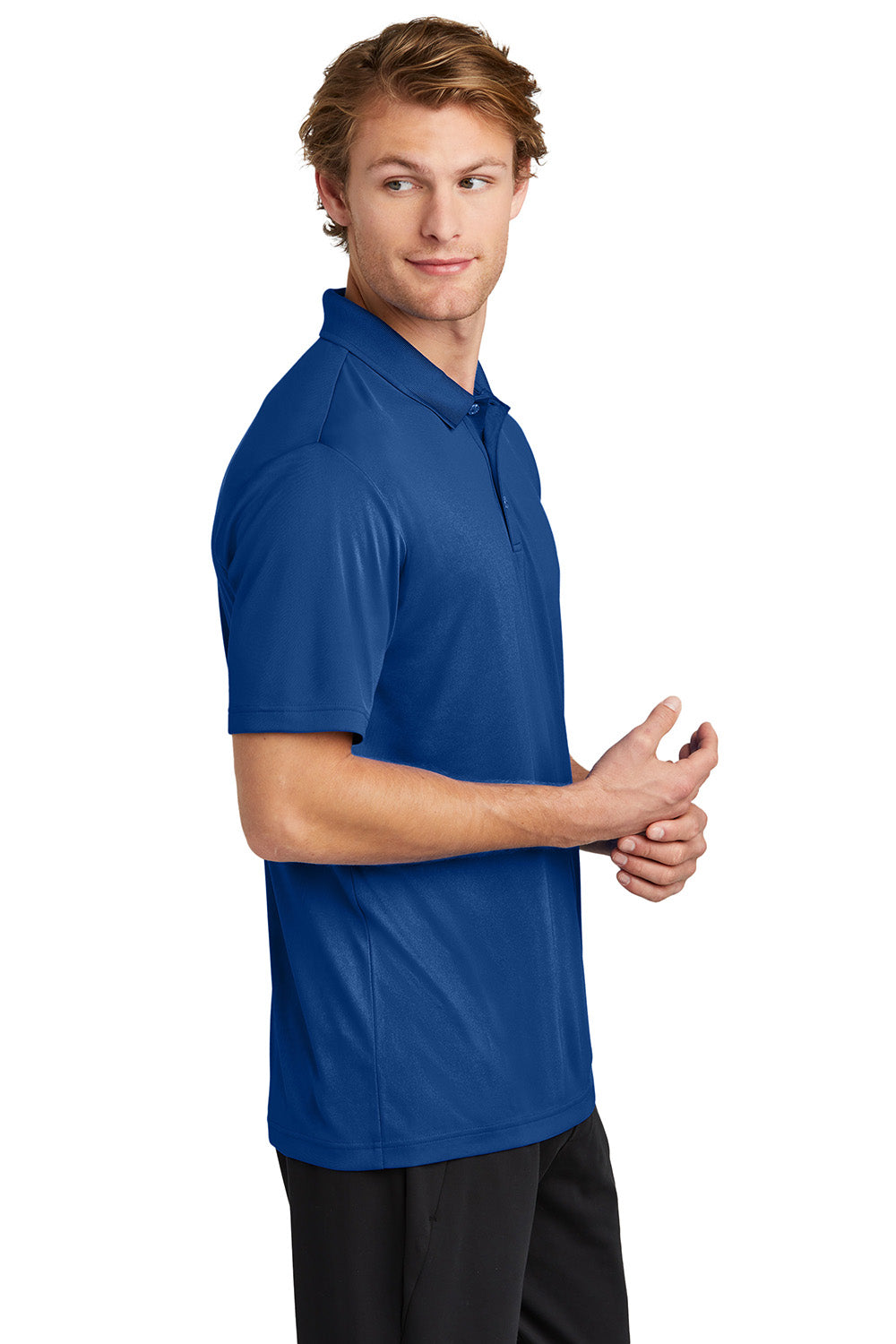 Sport-Tek ST725 Mens PosiCharge Re-Compete Short Sleeve Polo Shirt True Royal Blue Model Side