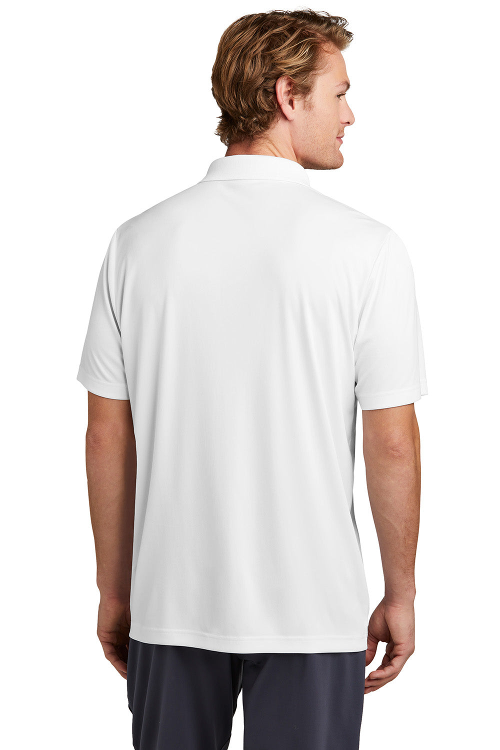 Sport-Tek ST725 Mens PosiCharge Re-Compete Short Sleeve Polo Shirt White Model Back