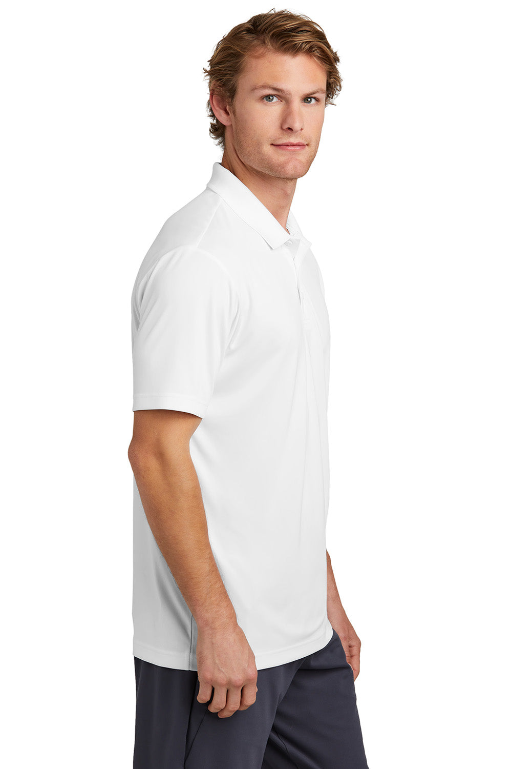 Sport-Tek ST725 Mens PosiCharge Re-Compete Short Sleeve Polo Shirt White Model Side