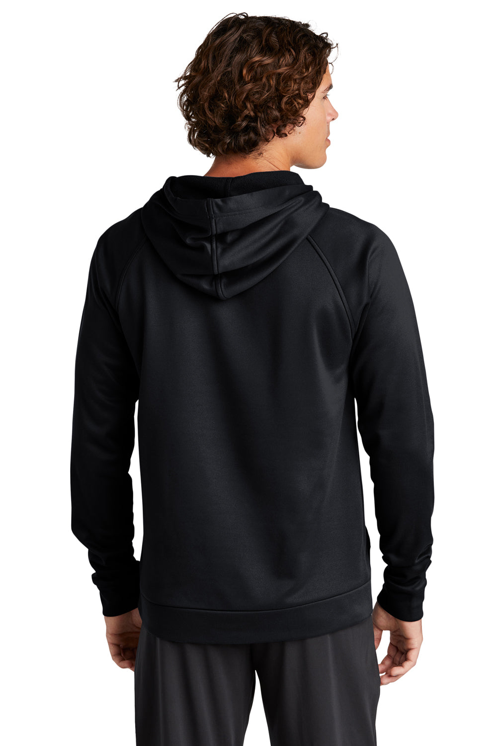 Sport-Tek ST730 Mens Re-Compete Fleece Anti Static Hooded Sweatshirt Hoodie Black Model Back