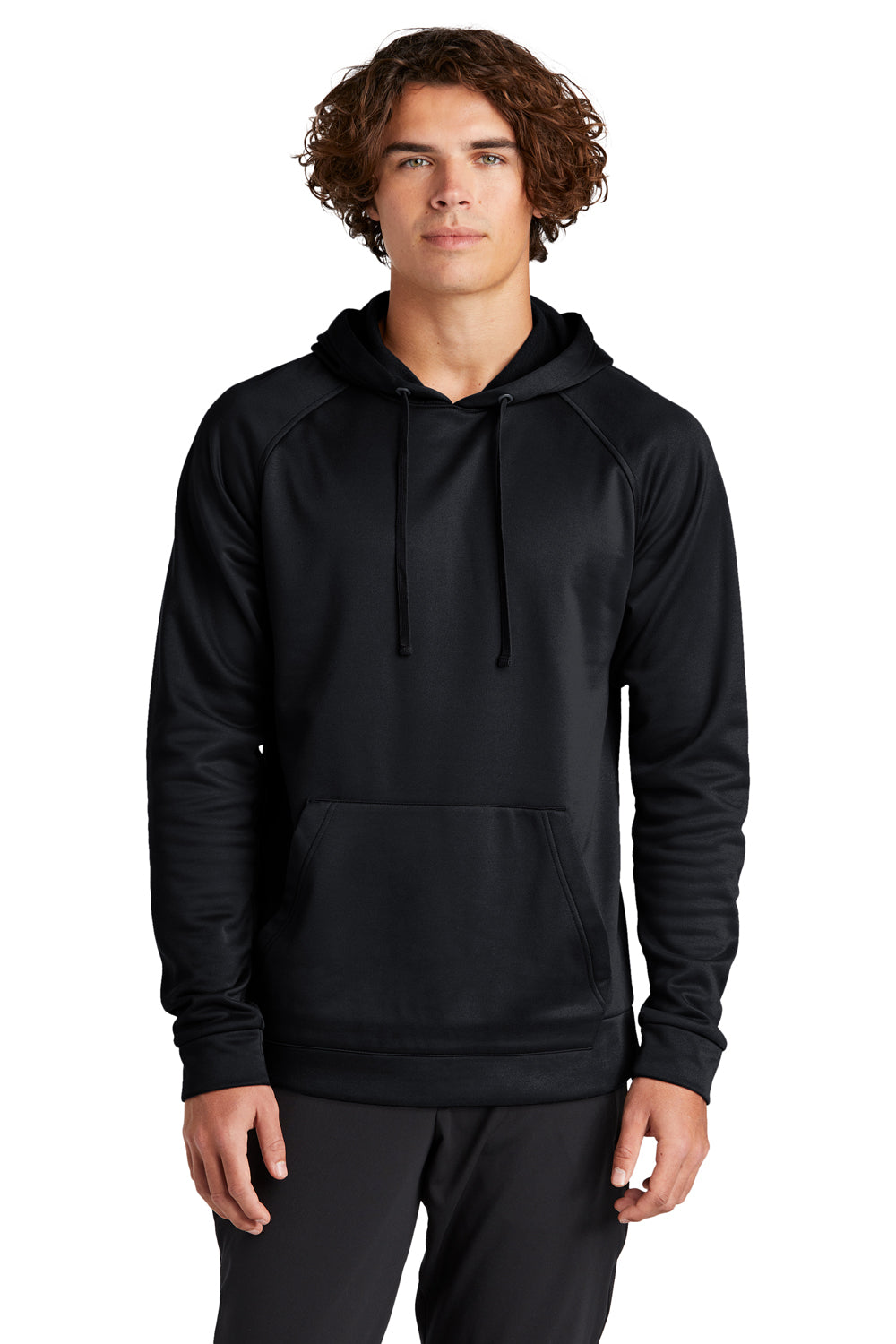 Sport-Tek ST730 Mens Re-Compete Fleece Anti Static Hooded Sweatshirt Hoodie Black Model Front