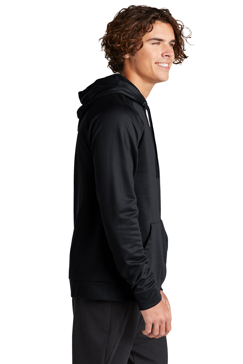 Sport-Tek ST730 Mens Re-Compete Fleece Anti Static Hooded Sweatshirt Hoodie Black Model Side