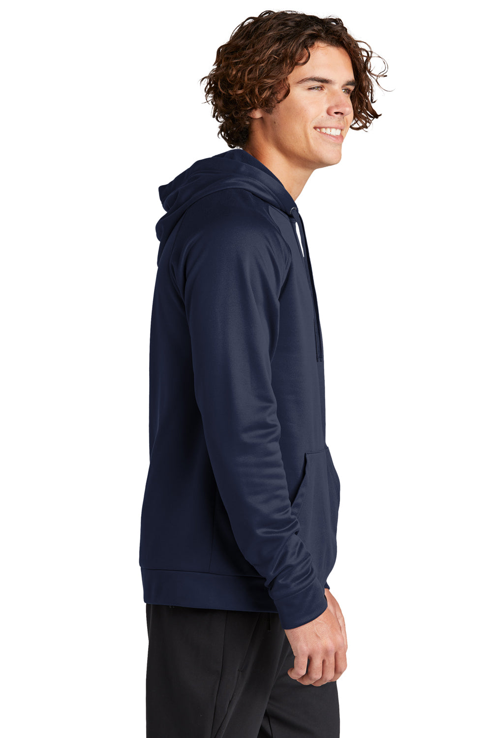 Sport-Tek ST730 Mens Re-Compete Fleece Anti Static Hooded Sweatshirt Hoodie True Navy Blue Model Side