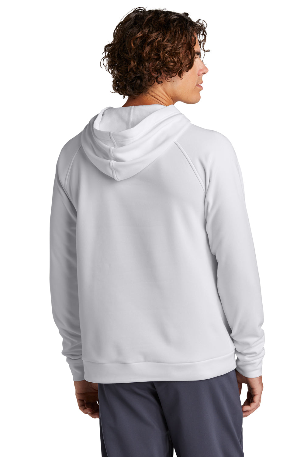 Sport-Tek ST730 Mens Re-Compete Fleece Anti Static Hooded Sweatshirt Hoodie White Model Back