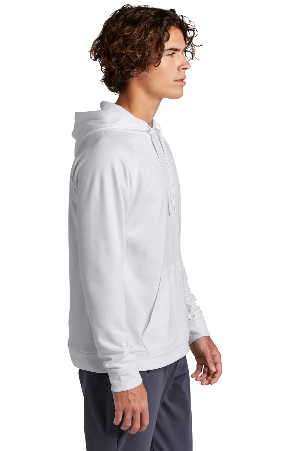 Sport-Tek ST730 Mens Re-Compete Fleece Anti Static Hooded Sweatshirt Hoodie White Model Side